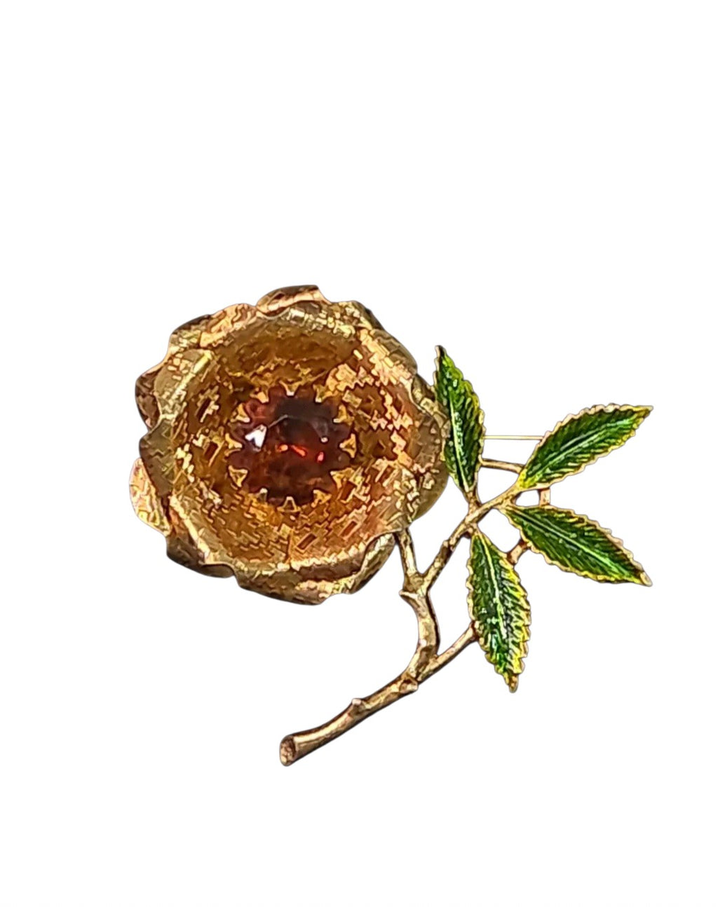 Oddly Darling Vintage gold-tone rose brooch with a deep amber center stone and hand-enameled green leaves.