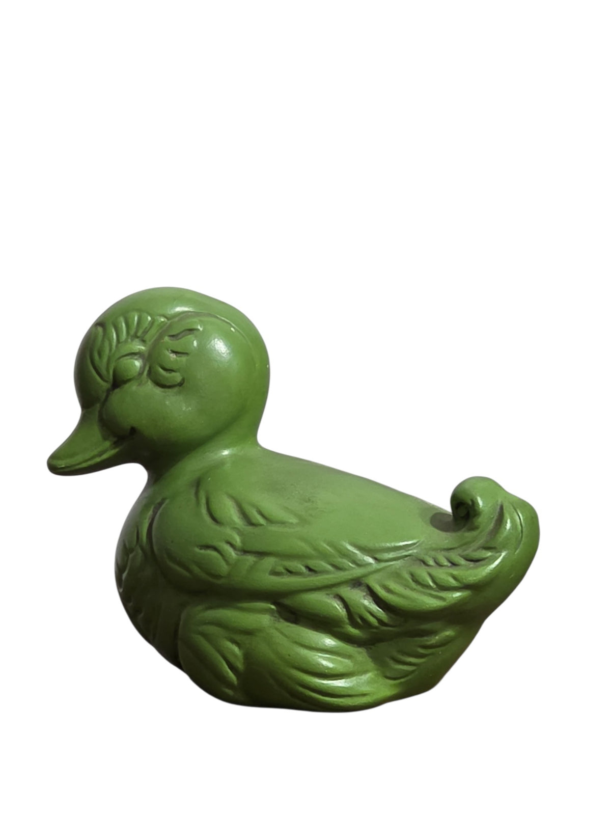 Oddly Darling Vintage green ceramic duck figurine with embossed feather details and a matte finish