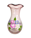 Oddly Darling Vintage light pink glass vase with a ruffled rim and hand-painted purple and white floral motifs.