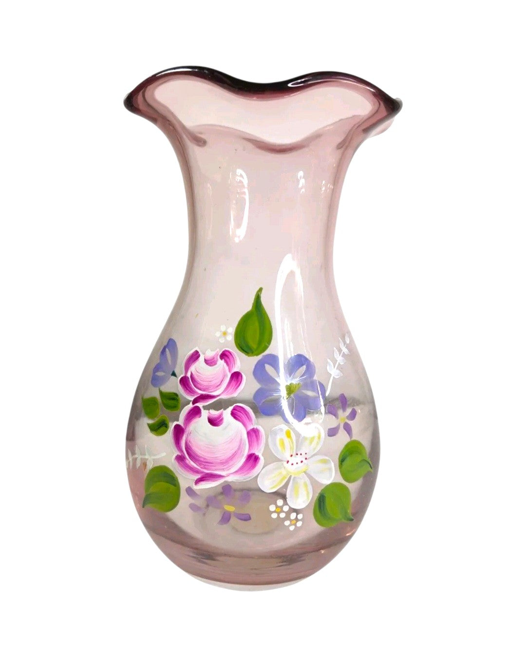 Oddly Darling Vintage light pink glass vase with a ruffled rim and hand-painted purple and white floral motifs.