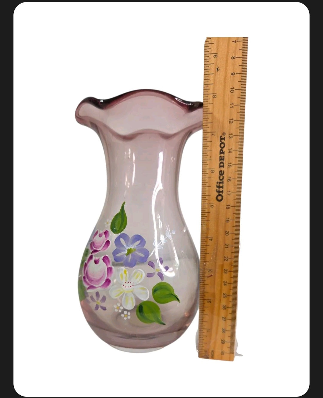 Oddly Darling Vintage light pink glass vase with hand-painted purple and white floral design and ruffled rim