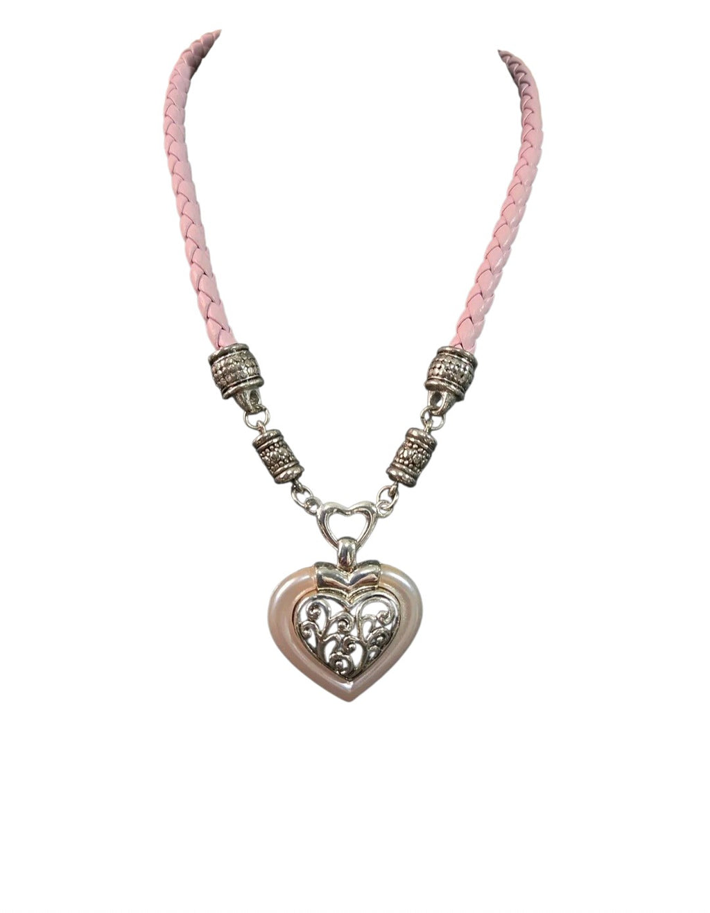 Oddly Darling Vintage heart pendant necklace with silver filigree, pearlescent pink border, and braided light pink cord