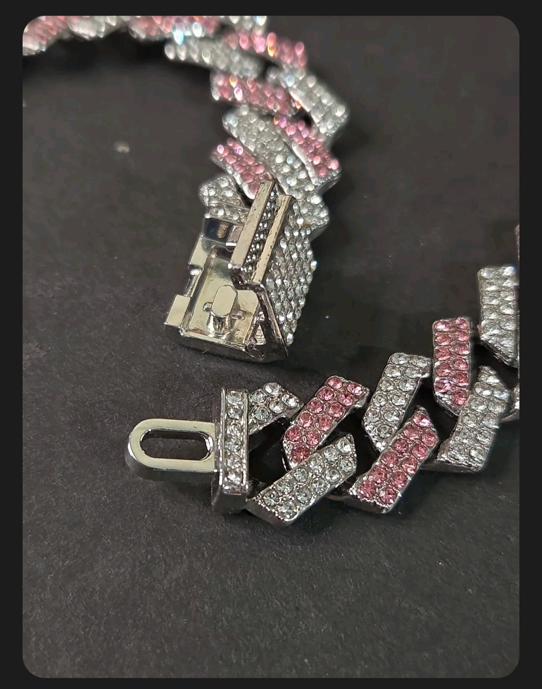 Oddly Darling Vintage iced-out cuban link necklace with alternating clear and pink crystal stones and heavy-duty clasp