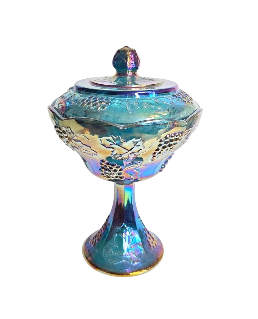 Oddly Darling Vintage iridescent blue carnival glass pedestal candy dish with embossed grape and vine motif and lid.