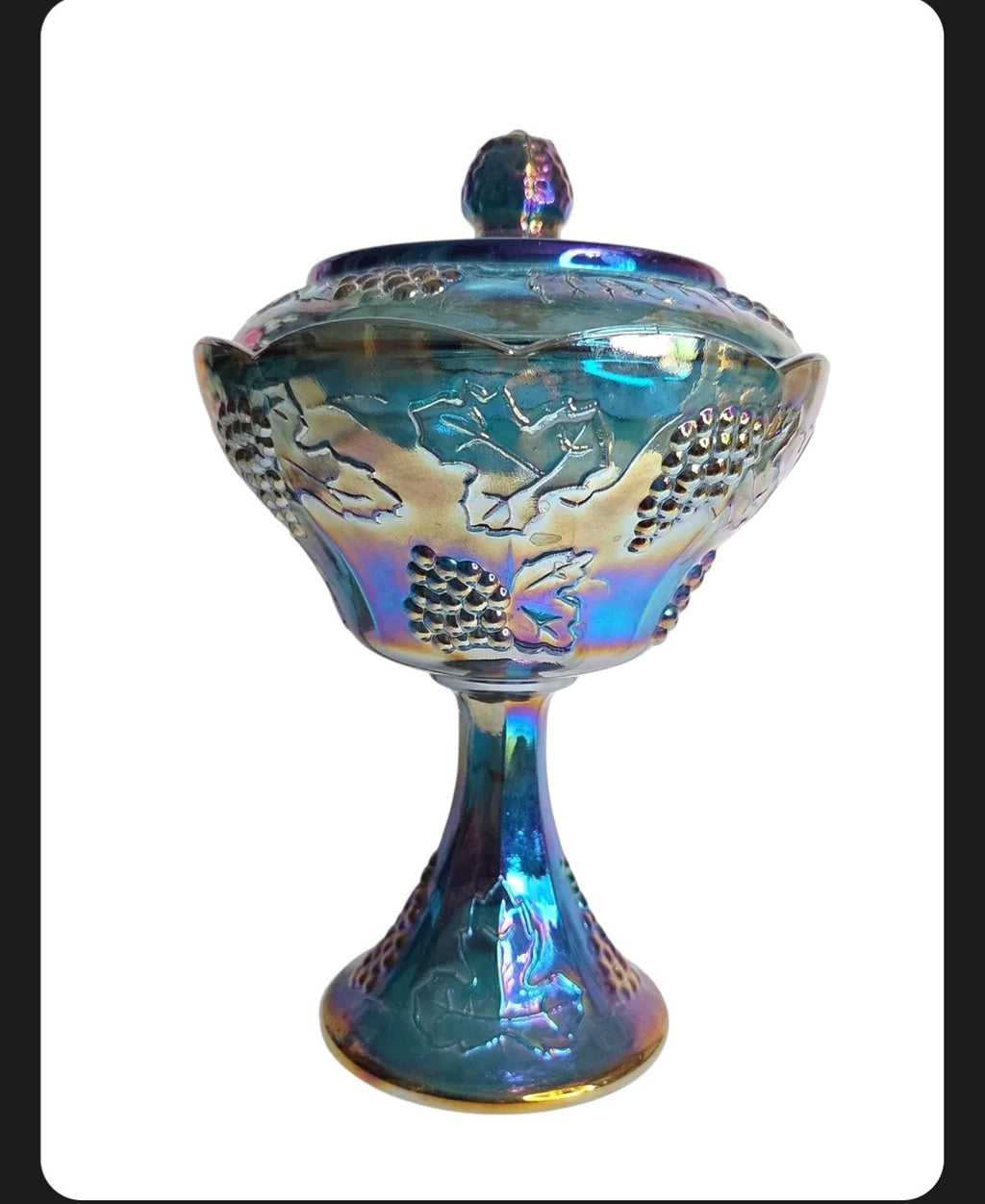 Oddly Darling Vintage iridescent blue carnival glass pedestal candy dish with embossed grape and vine motif and lid
