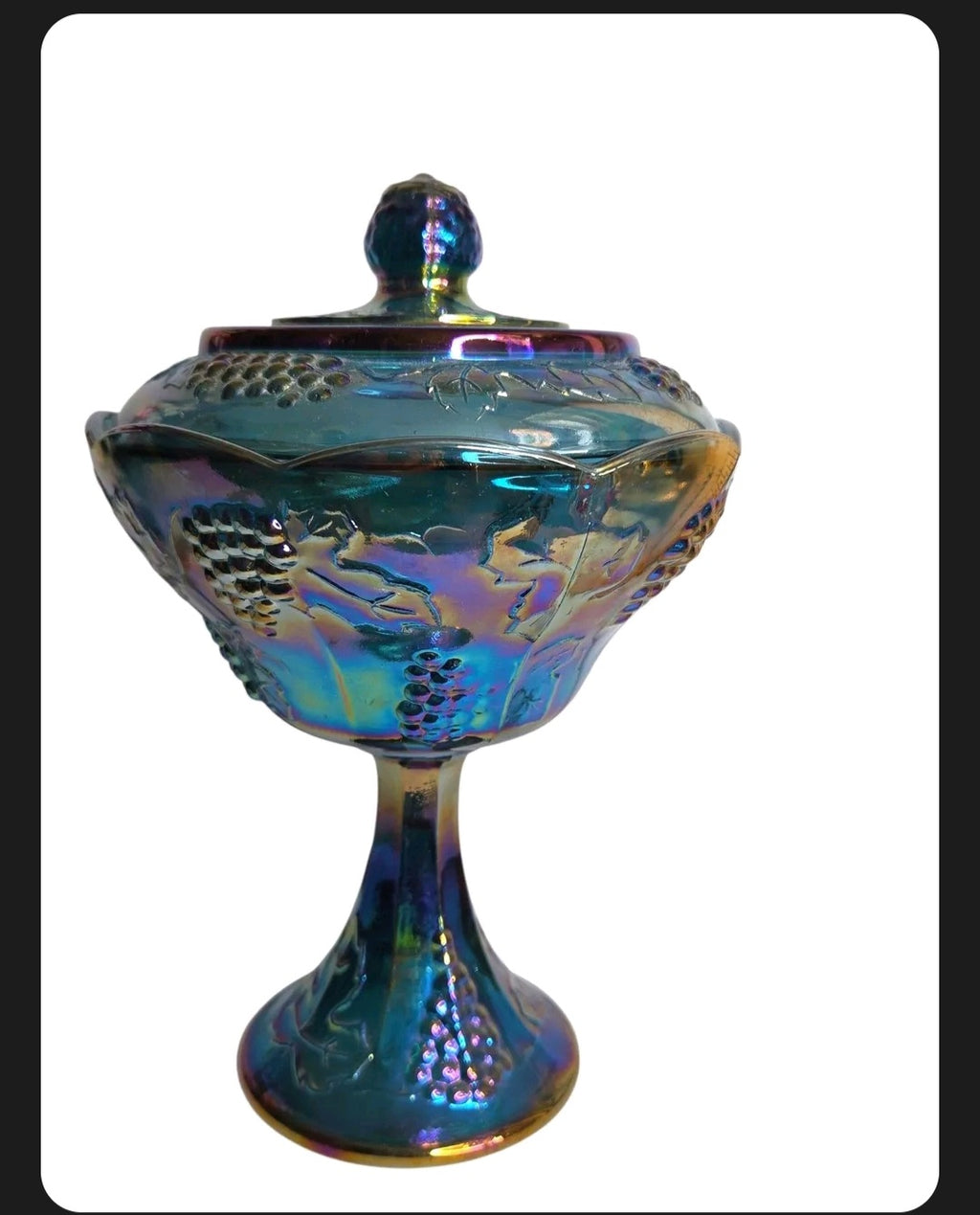 Oddly Darling Vintage iridescent blue carnival glass pedestal candy dish with embossed grape and vine motif and lid