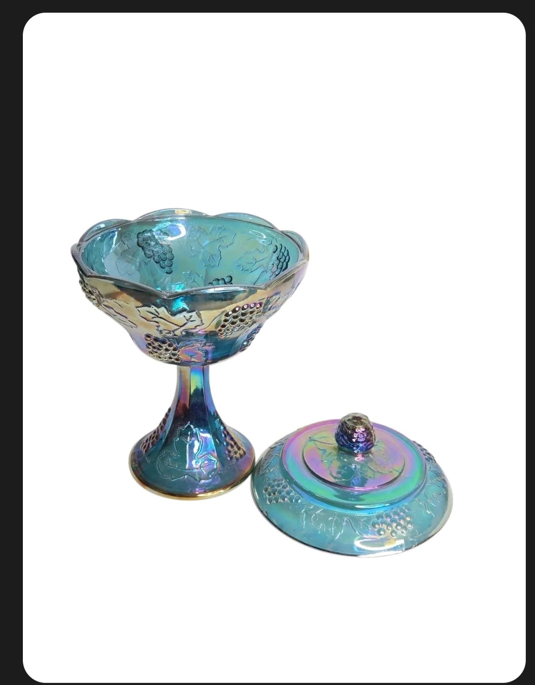 Oddly Darling Vintage iridescent blue carnival glass pedestal candy dish with lid and embossed grape vine motif.