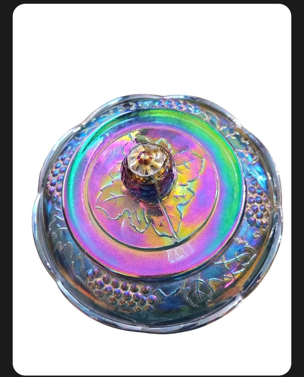 Oddly Darling Vintage iridescent carnival glass candy dish lid with embossed grape and vine motif in blue tones