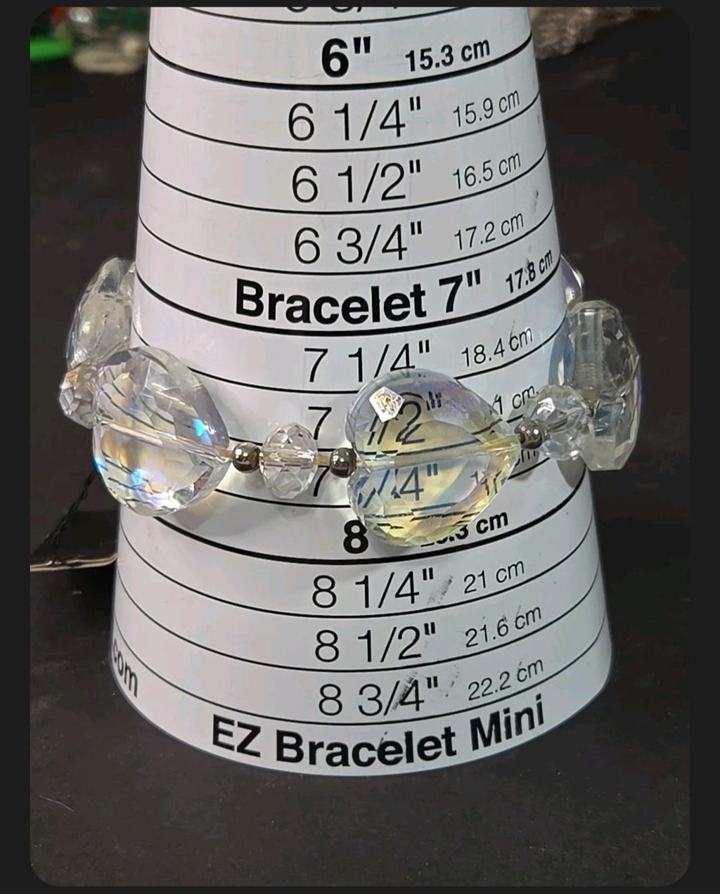 Oddly Darling Vintage iridescent faceted heart bead stretch bracelet on a white sizing cone