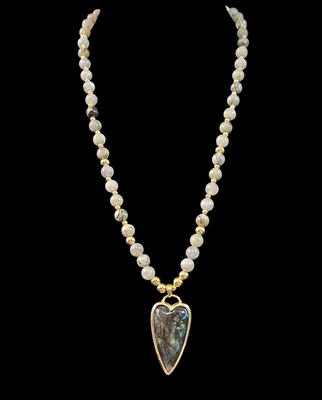 Oddly Darling Vintage beaded necklace featuring iridescent Labradorite beads and a gold-tone heart pendant.