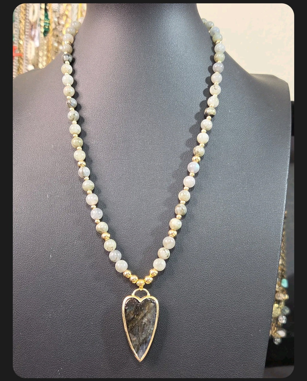 Oddly Darling Vintage beaded necklace featuring Labradorite beads, gold accents, and a heart-shaped Labradorite pendant.