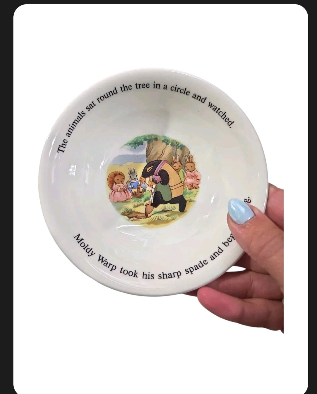 Oddly Darling Vintage Little Grey Rabbit ceramic bowl featuring colorful storybook illustrations and classic text.