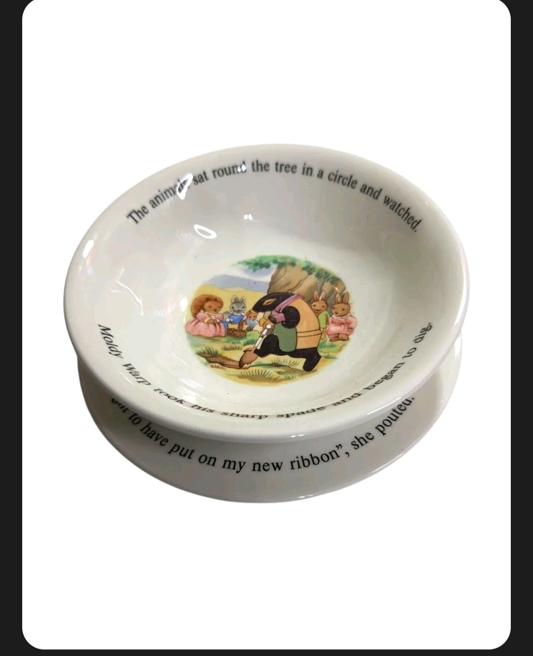 Oddly Darling Vintage Little Grey Rabbit ceramic bowl and plate set with colorful storybook illustrations and text.