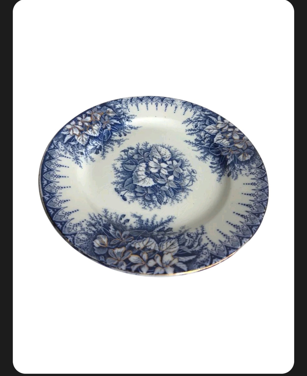 Oddly Darling Vintage Lunéville ceramic plate with blue floral transferware pattern and lace-like border on cream base