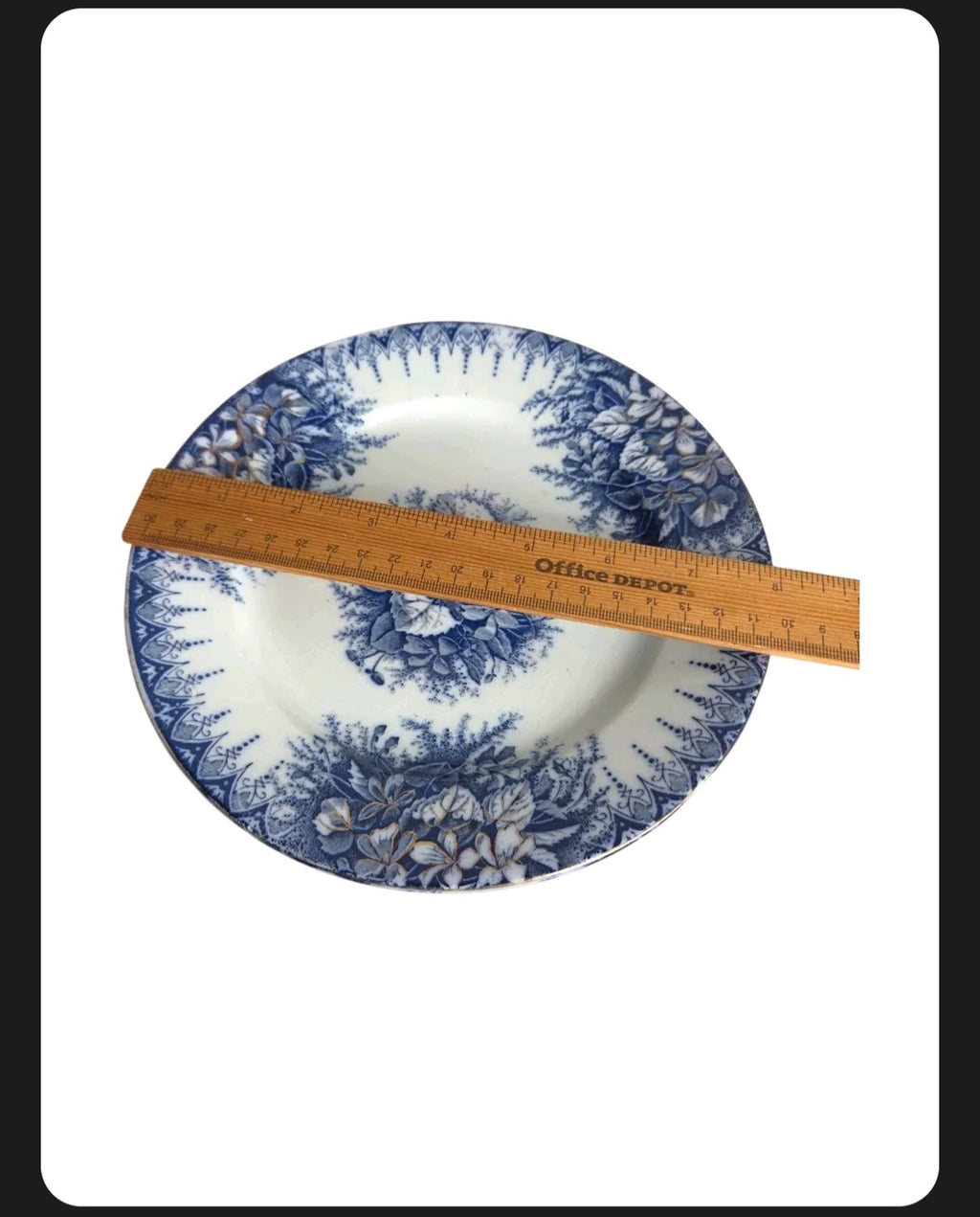 Oddly Darling Vintage Lunéville ceramic plate with blue floral transferware pattern and lace-like border.