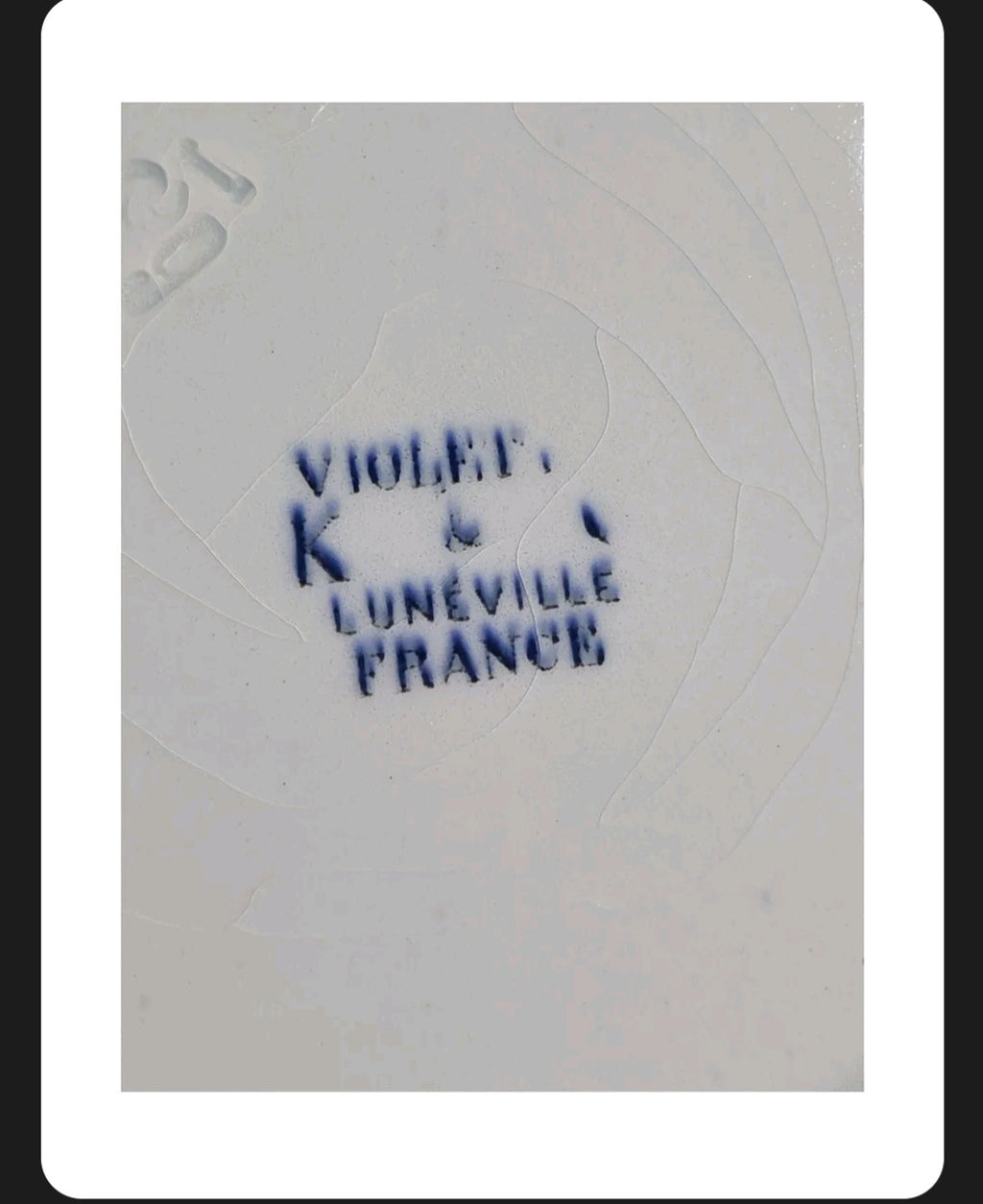Oddly Darling Vintage ceramic plate base showing the blue Violet pattern maker's mark from Lunéville, France.