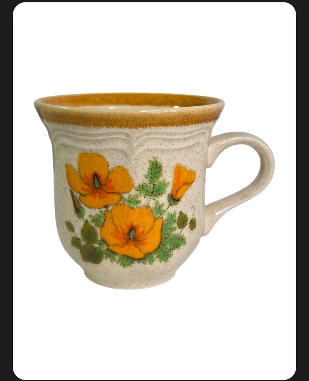 Oddly Darling Vintage Mikasa Garden Club stoneware mug with orange petunia floral print and honey-brown rim.