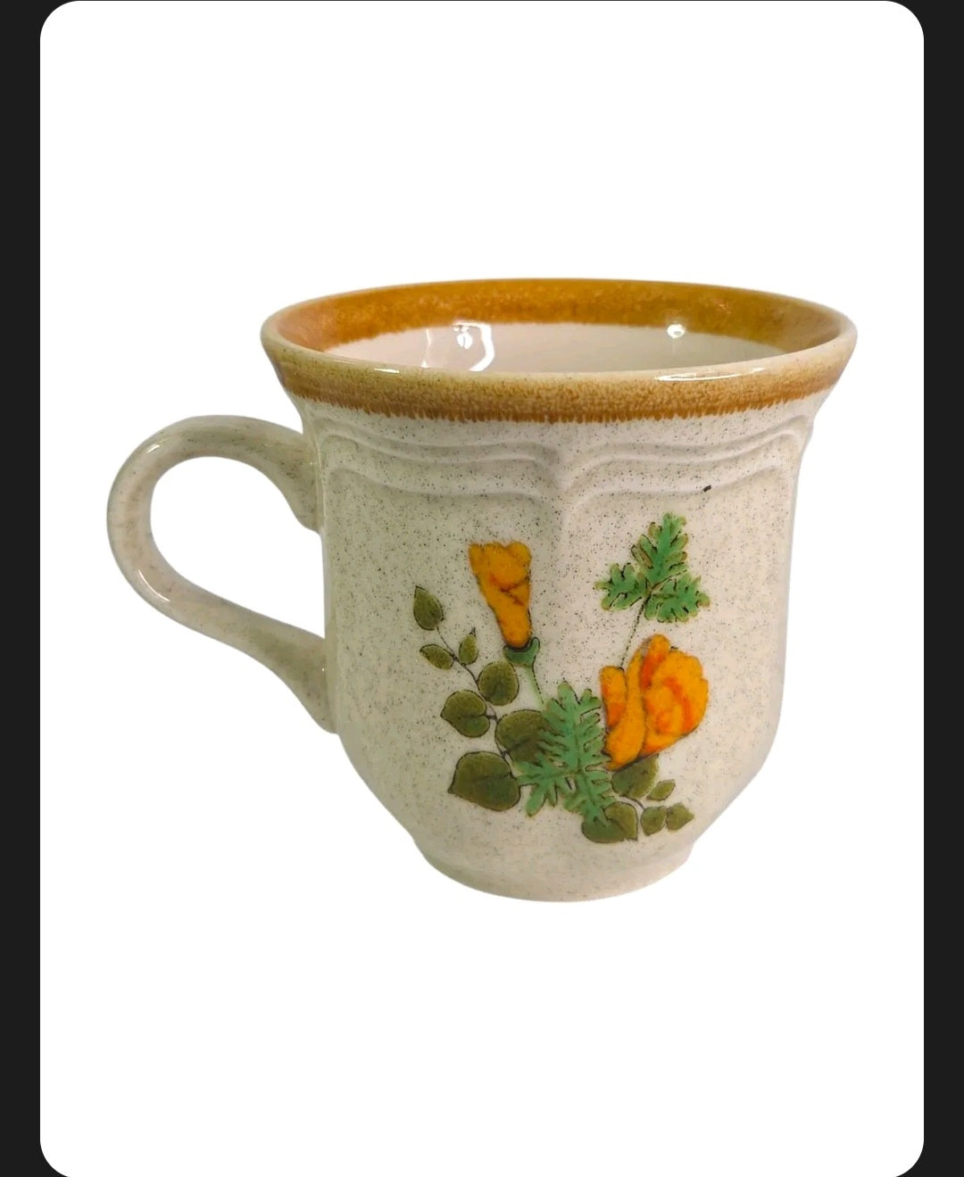 Oddly Darling Vintage Mikasa Garden Club stoneware mug with cream speckled base, brown rim, and orange petunia floral.