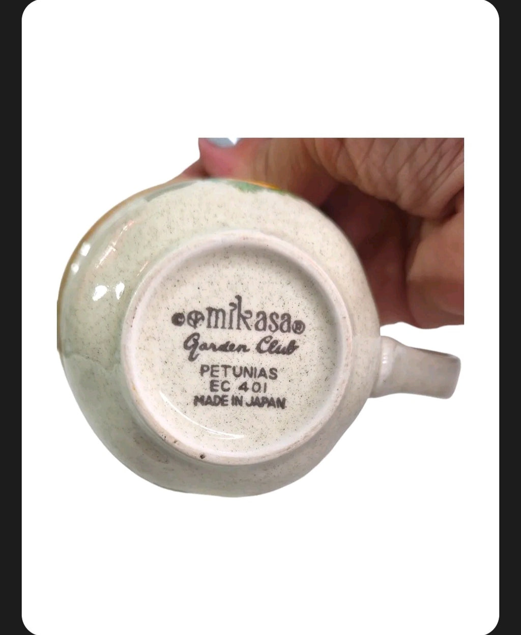 Oddly Darling Vintage Mikasa Garden Club Petunias stoneware mug base with maker mark and Made in Japan stamp
