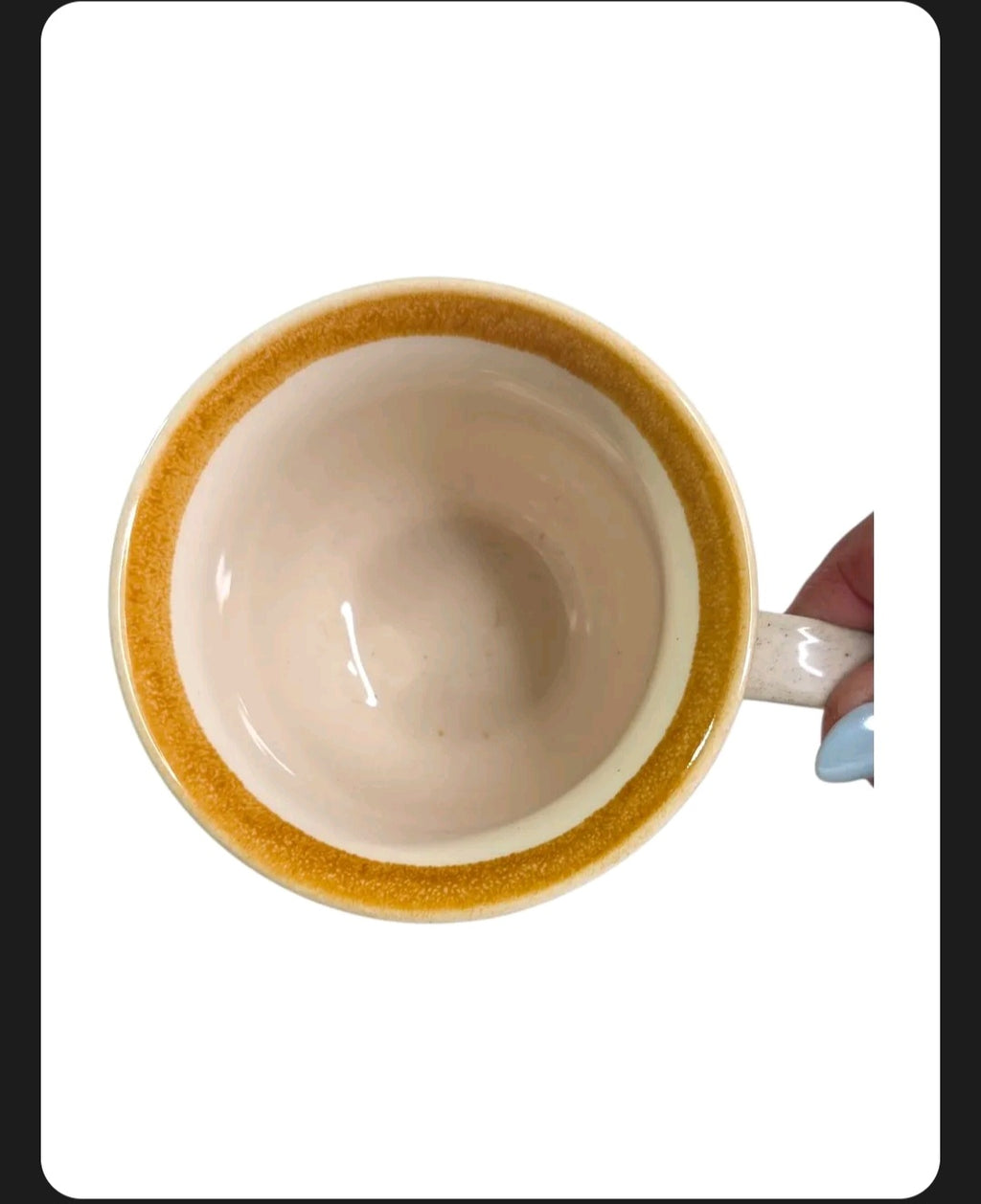 Oddly Darling Vintage Mikasa Garden Club stoneware mug top view showing cream speckled interior and honey-brown rim