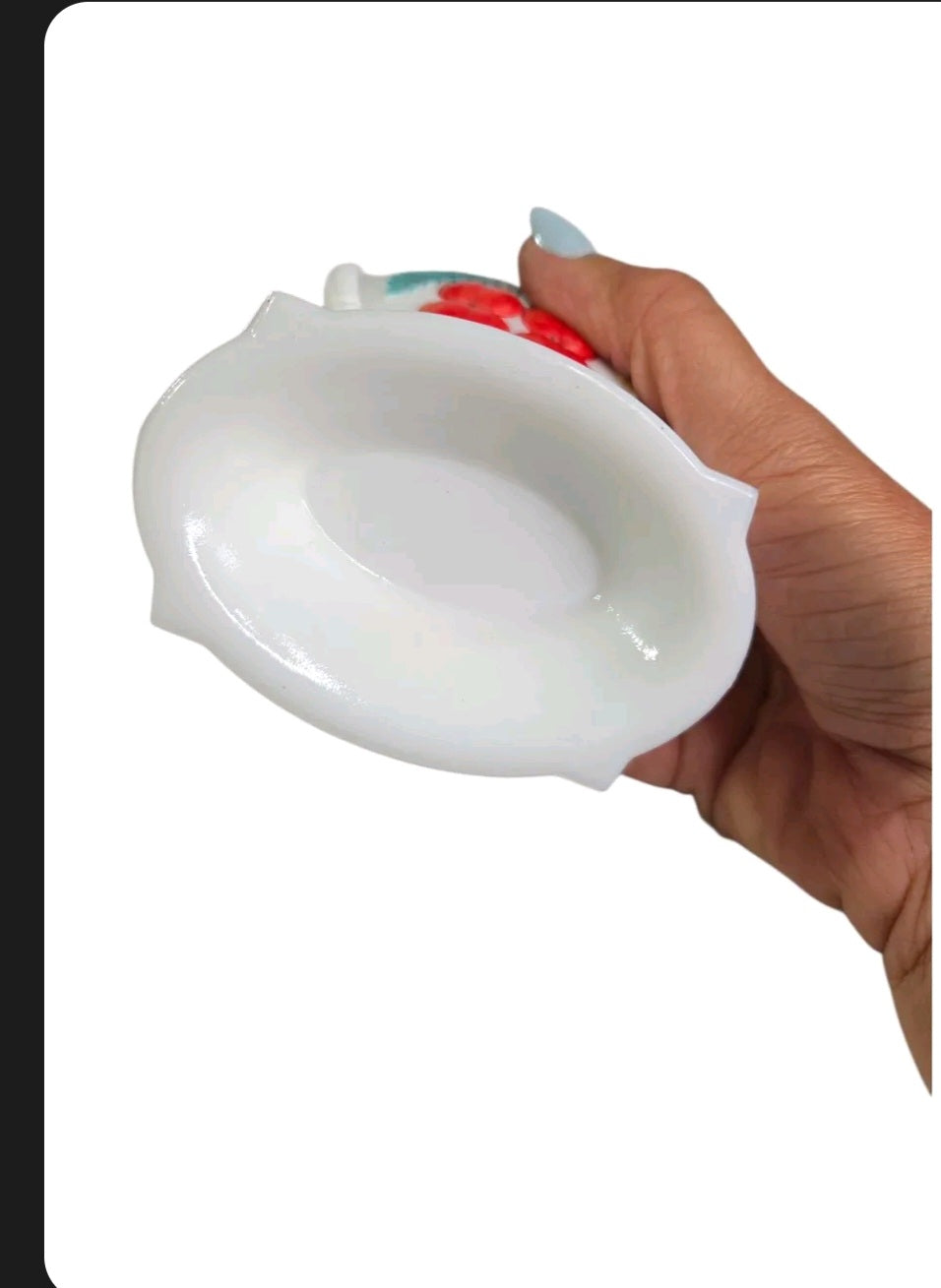 Oddly Darling Vintage white milk glass creamer base with scalloped edges and hand-painted fruit motif