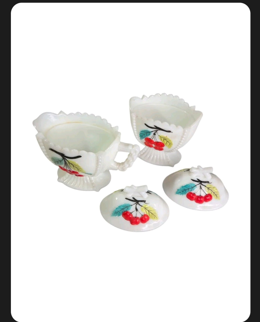 Oddly Darling Vintage white milk glass creamer and sugar bowl set with hand-painted cherry motif and beaded edges.