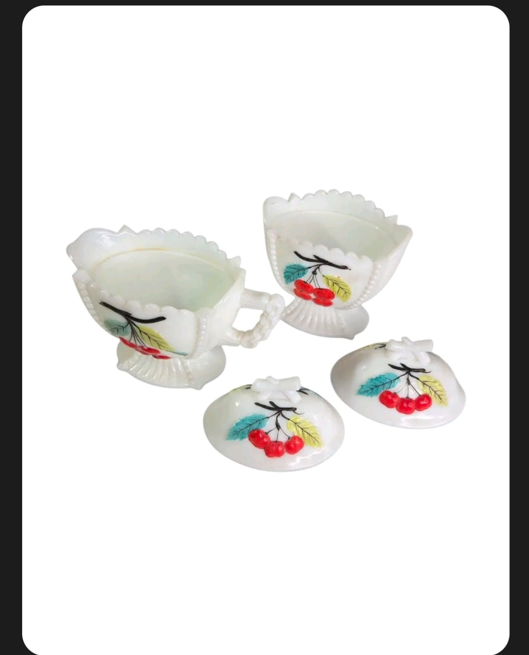 Oddly Darling Vintage white milk glass creamer and sugar bowl set with hand-painted cherry motif and beaded edges.