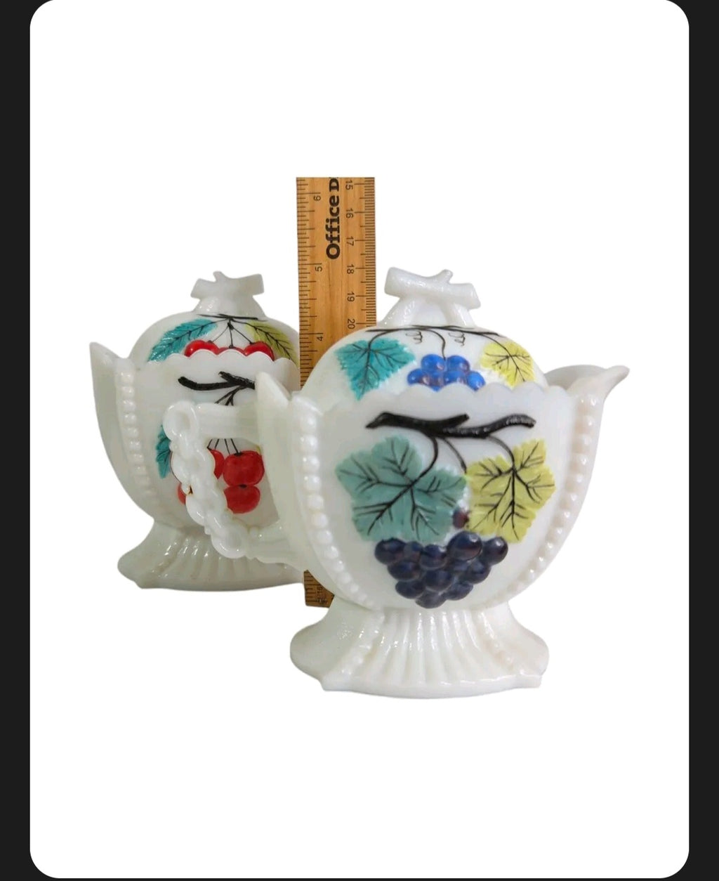 Oddly Darling Vintage white milk glass creamer and sugar bowl set with hand-painted fruit motifs and beaded edges.