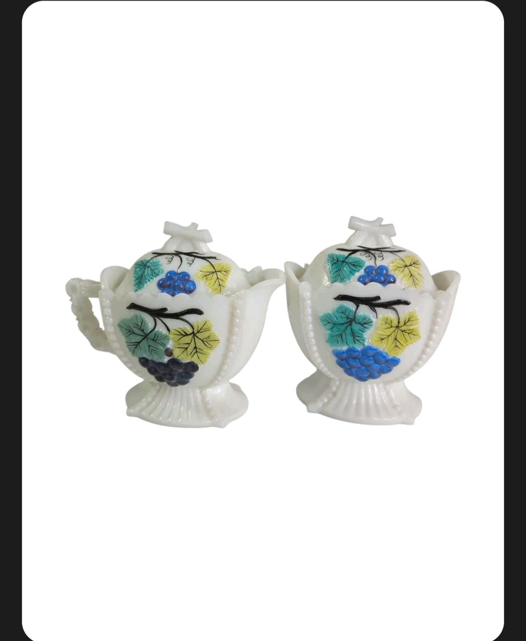 Oddly Darling Vintage white milk glass creamer and sugar bowl set with hand-painted grape and leaf motifs.