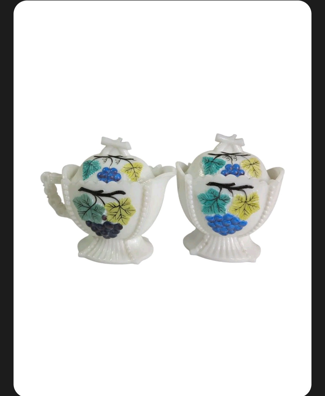 Oddly Darling Vintage white milk glass creamer and sugar bowl set with hand-painted grape and leaf motifs.