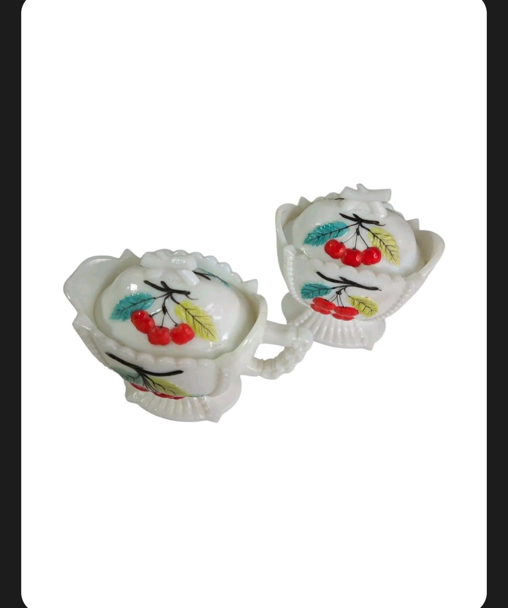 Oddly Darling Vintage white milk glass creamer and lidded sugar bowl set with hand-painted cherry fruit motif
