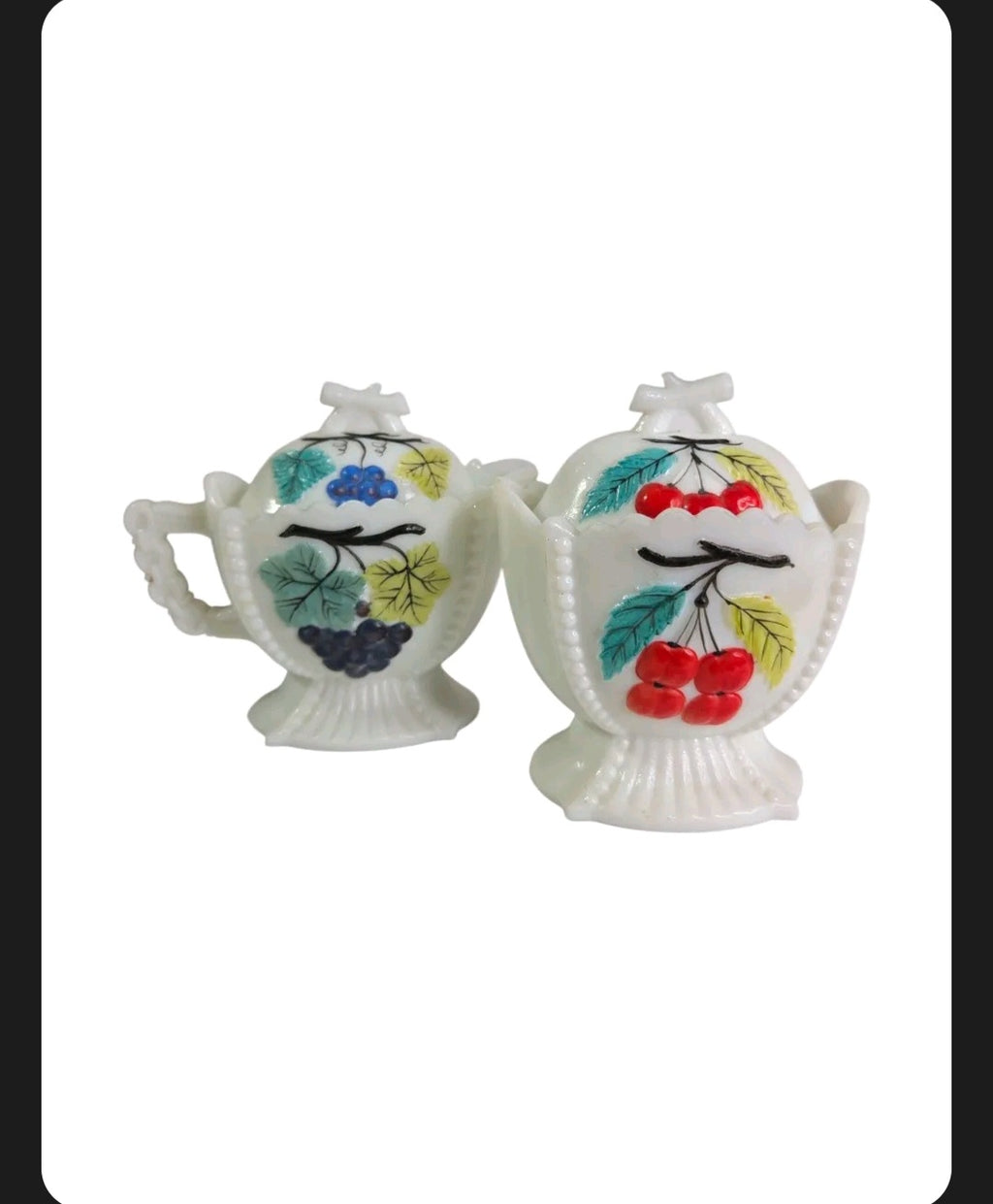 Oddly Darling Vintage white milk glass creamer and sugar bowl set with hand-painted fruit motifs and beaded edges.