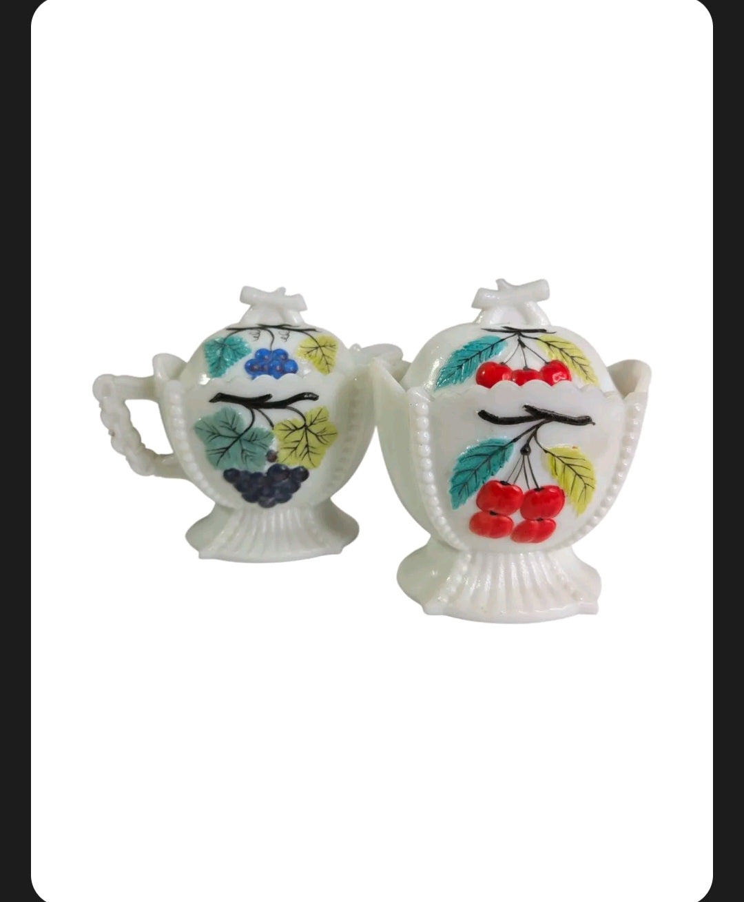 Oddly Darling Vintage white milk glass creamer and sugar bowl set with hand-painted fruit motifs and beaded edges.