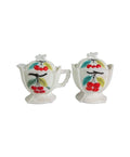 Oddly Darling Vintage white milk glass creamer and sugar bowl set with hand-painted cherry motif and beaded edges.
