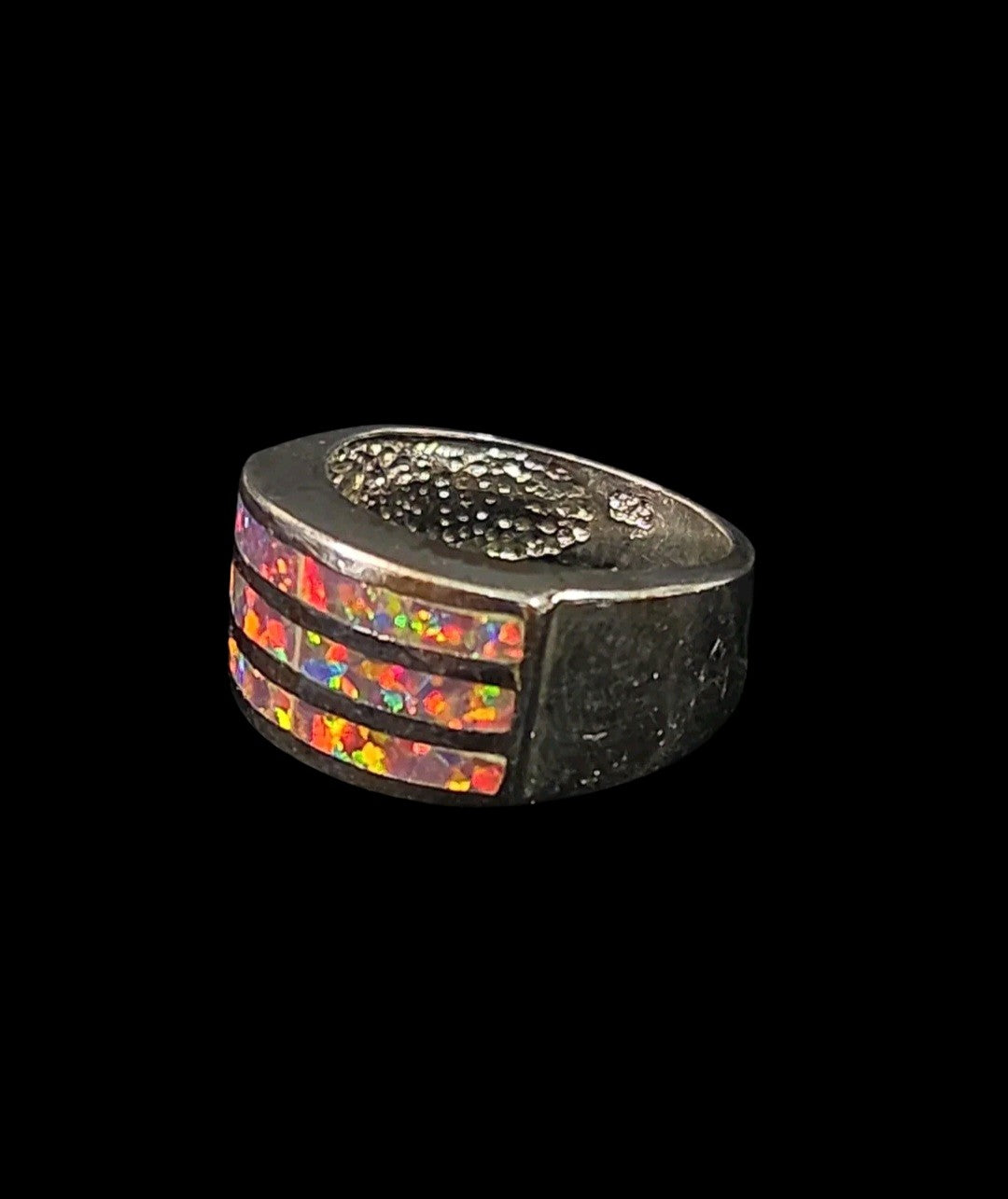 Oddly Darling Vintage wide band ring featuring three horizontal channels of iridescent multi-colored opal inlay.