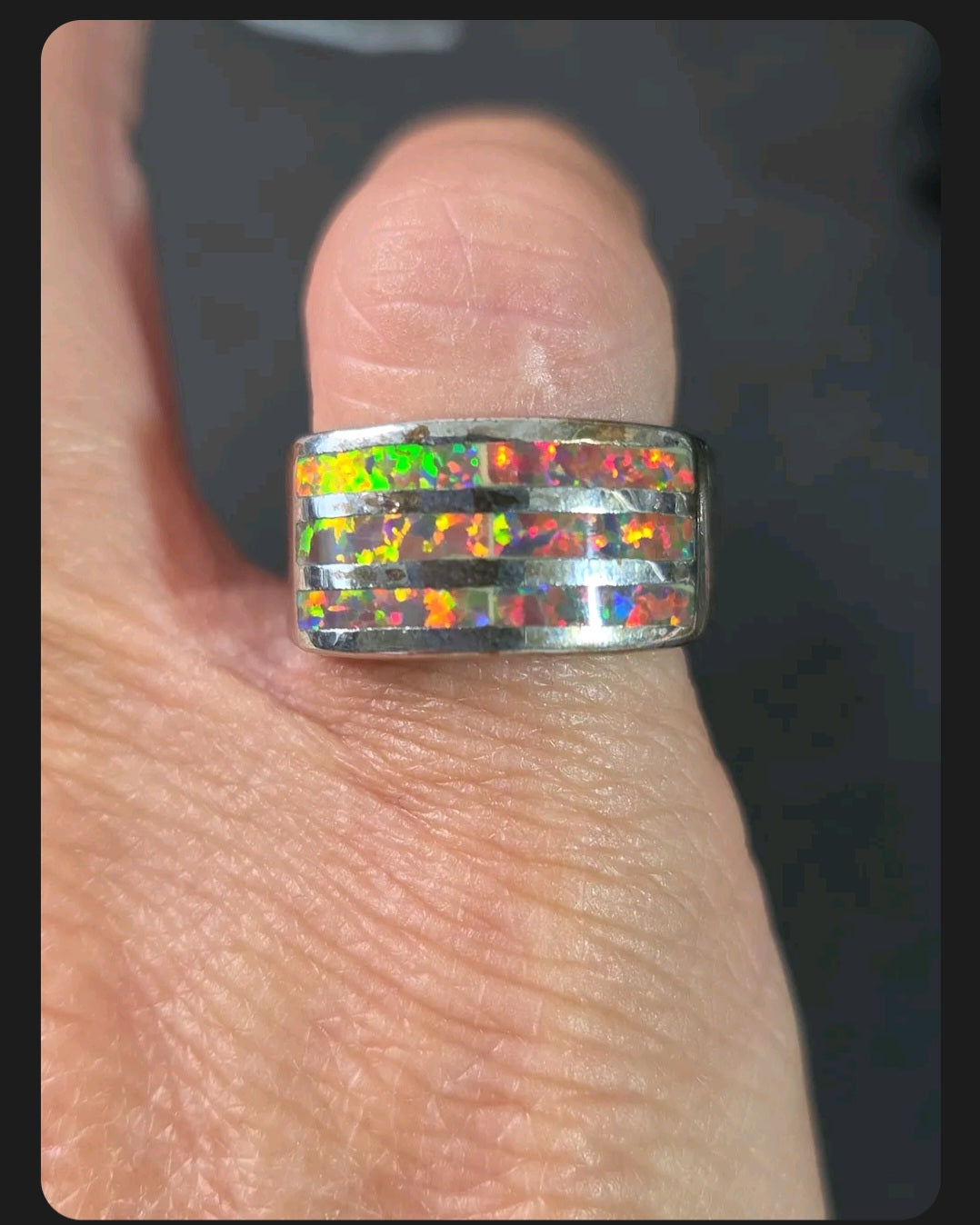 Oddly Darling Vintage wide silver-tone band ring featuring three horizontal channels of iridescent multi-colored opal.