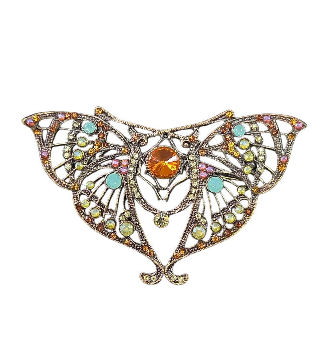 Oddly Darling Vintage ornate moth brooch with antique bronze metal, amber center stone, and colorful crystal accents.