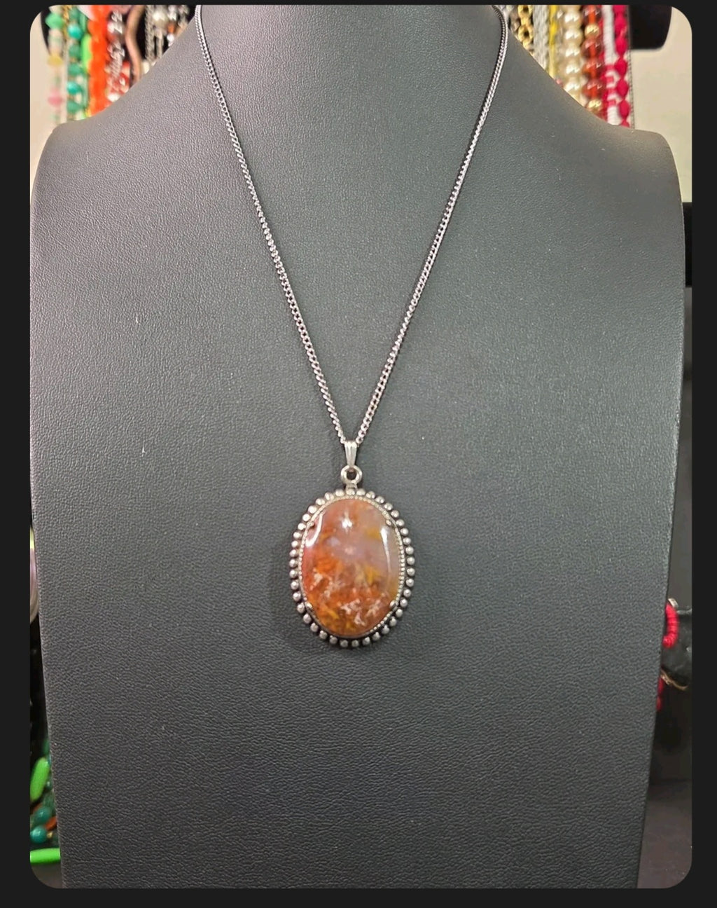 Oddly Darling Vintage oval agate pendant necklace with a beaded silver-tone frame on a delicate chain