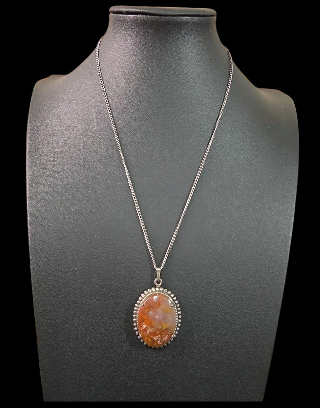 Oddly Darling Vintage oval agate pendant necklace with a silver-tone beaded frame on a delicate chain.