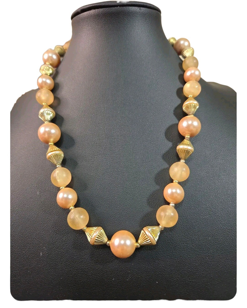Oddly Darling Vintage statement necklace with peach faux pearls, frosted beads, and gold-tone fluted spacers.
