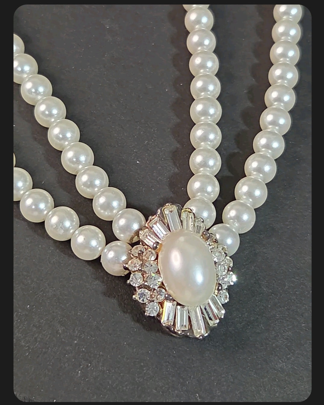 Oddly Darling Vintage double-strand cream faux pearl necklace with a crystal-encrusted oval brooch pendant.