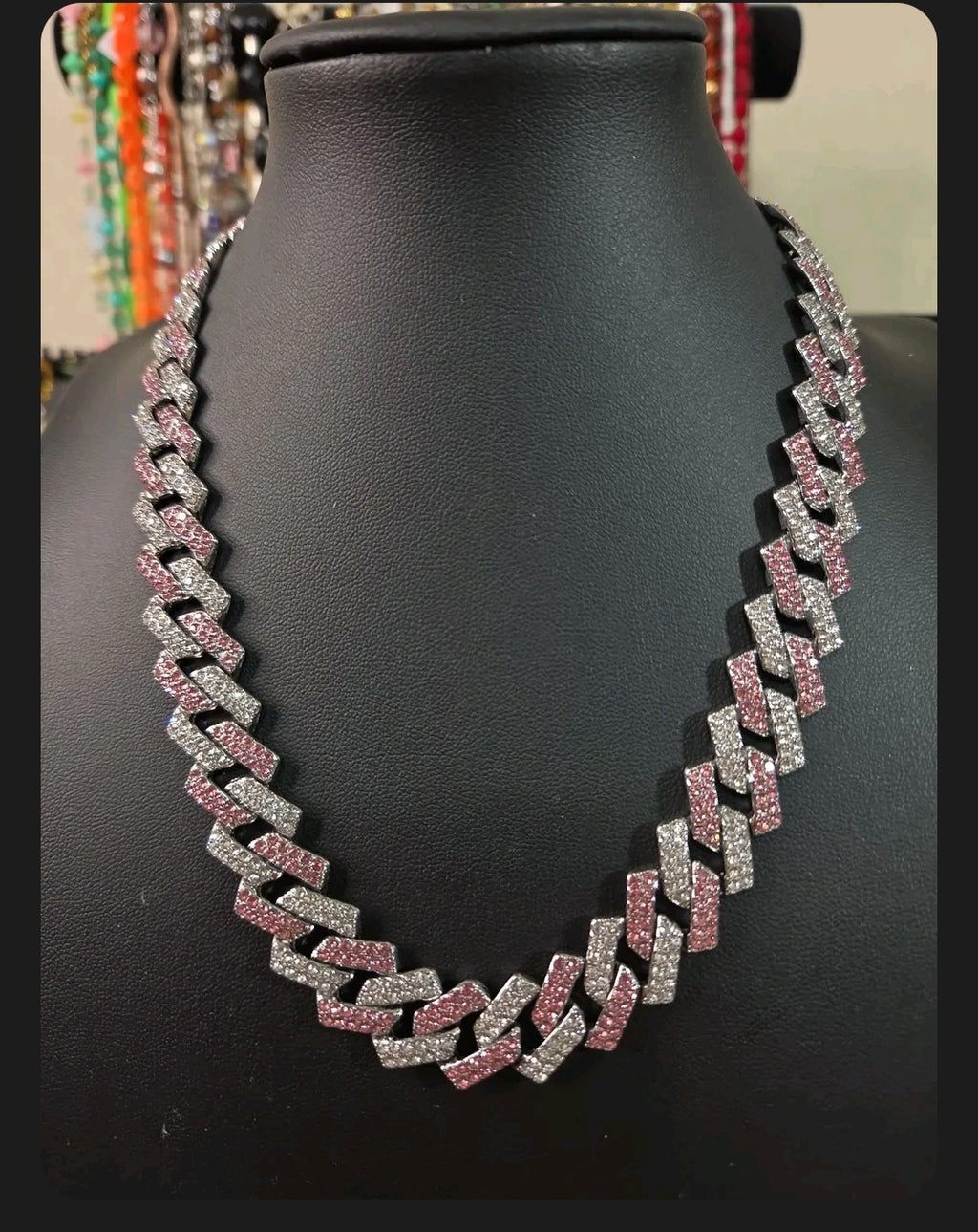 Oddly Darling Vintage two-tone iced-out cuban link necklace with clear and pink crystal embellishments