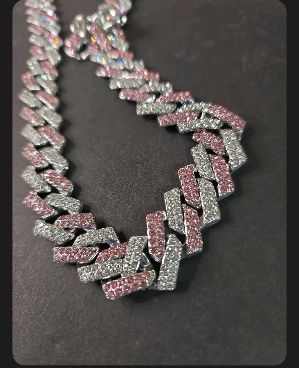Oddly Darling Vintage iced-out cuban link necklace with alternating clear and pink crystal stones