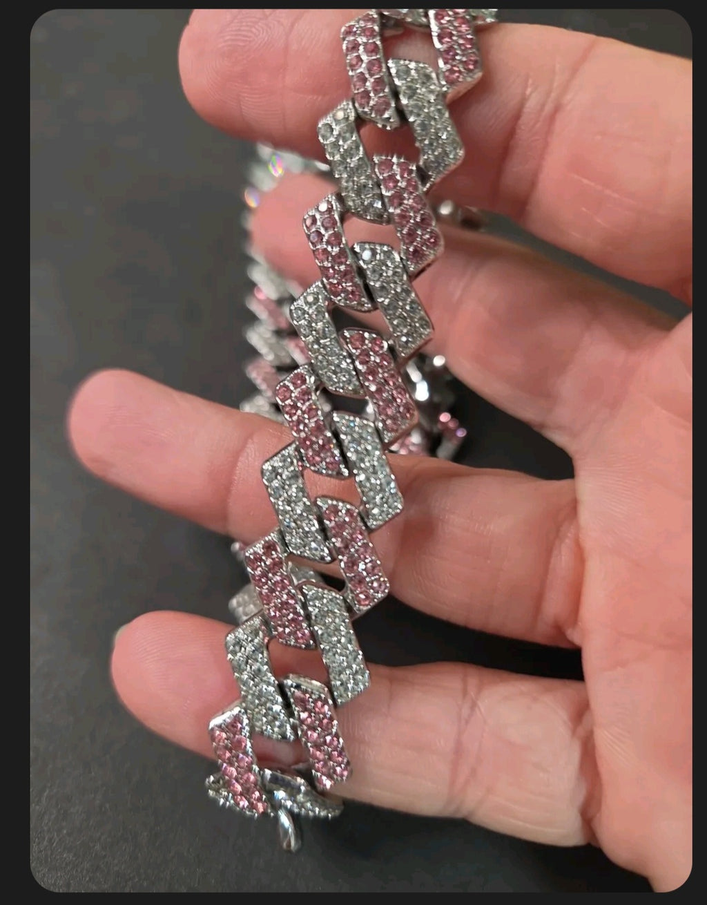 Oddly Darling Vintage iced-out cuban link necklace with alternating clear and pink crystal embellishments