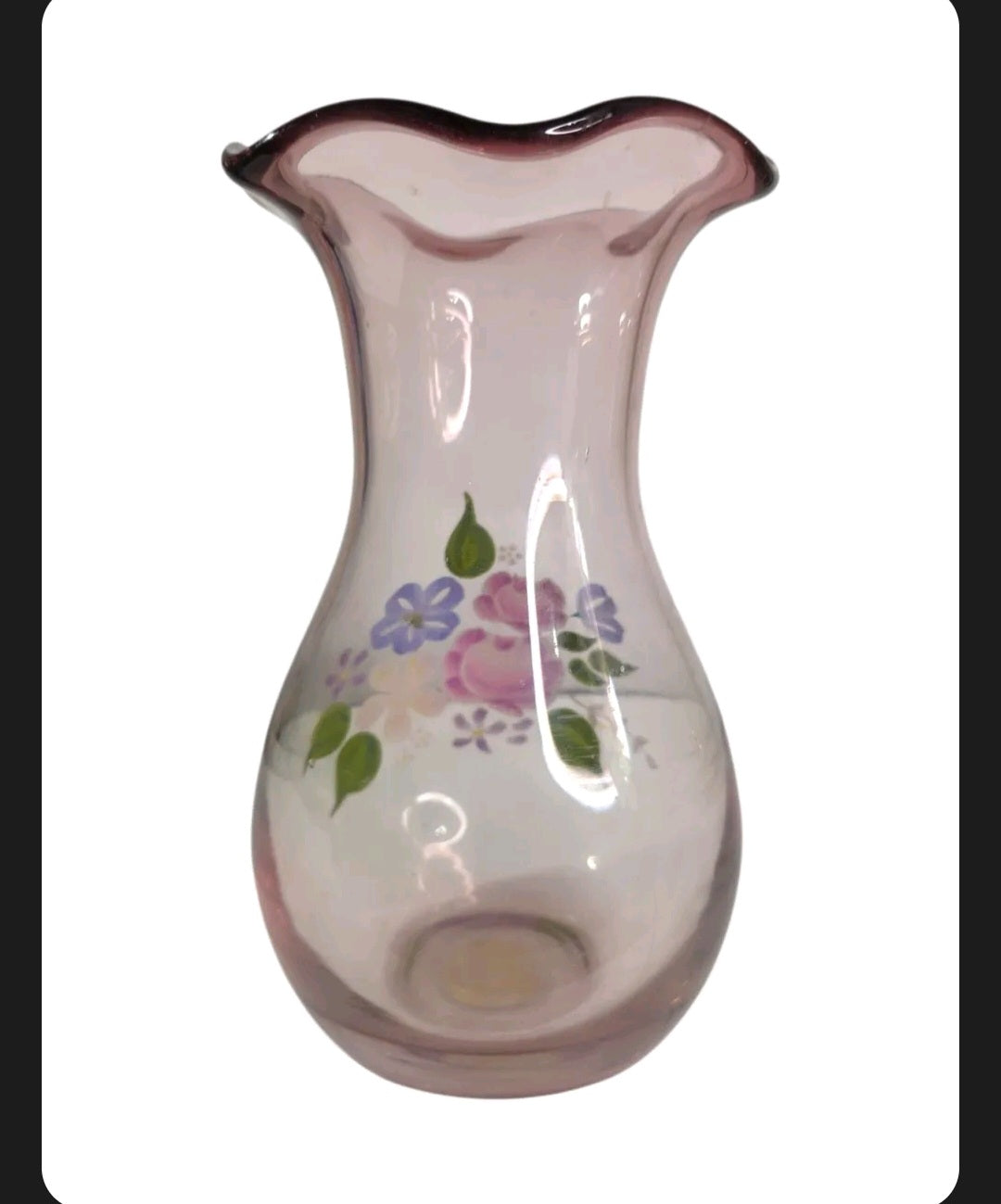 Oddly Darling Vintage light-pink glass vase with a ruffled rim and hand-painted purple and white floral design.
