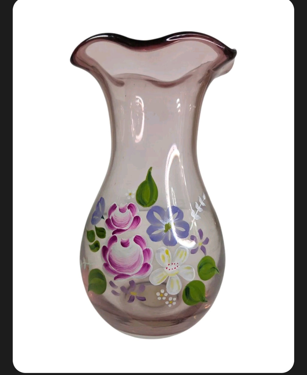 Oddly Darling Vintage hand-painted light pink glass vase with a ruffled rim and purple and white floral motifs.