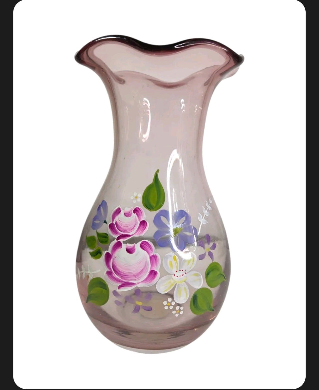 Oddly Darling Vintage light pink glass vase with a ruffled rim and hand-painted purple and white floral design.