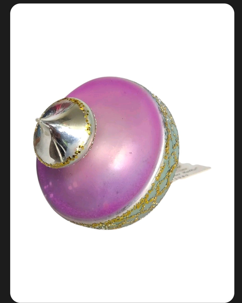 Oddly Darling Vintage 1989 Christopher Radko pink glass Christmas ornament with silver and gold glitter accents