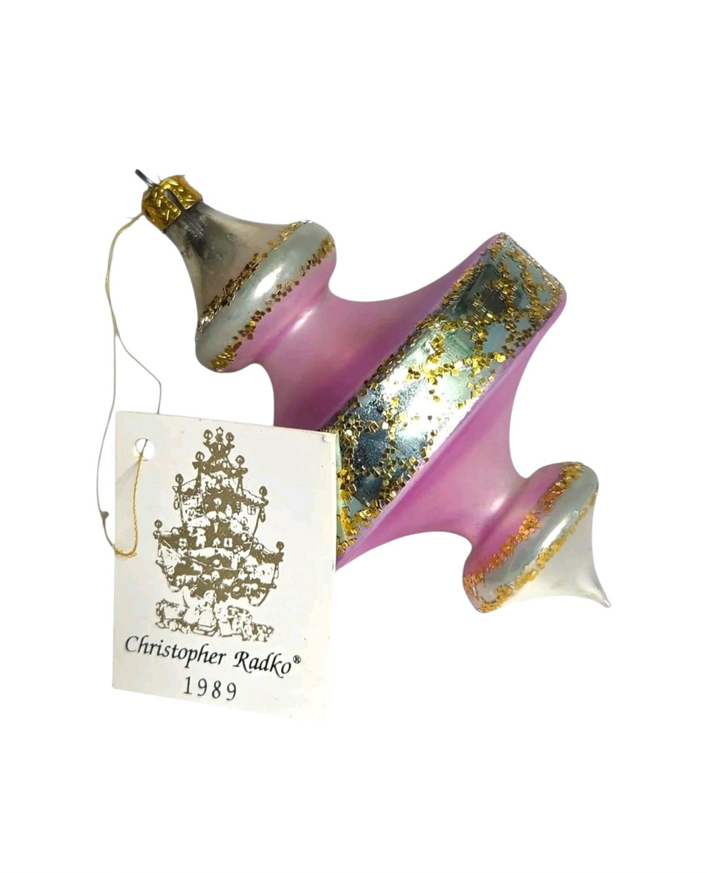 Oddly Darling Vintage 1989 Christopher Radko glass Christmas ornament in pink with gold glitter and silver accents