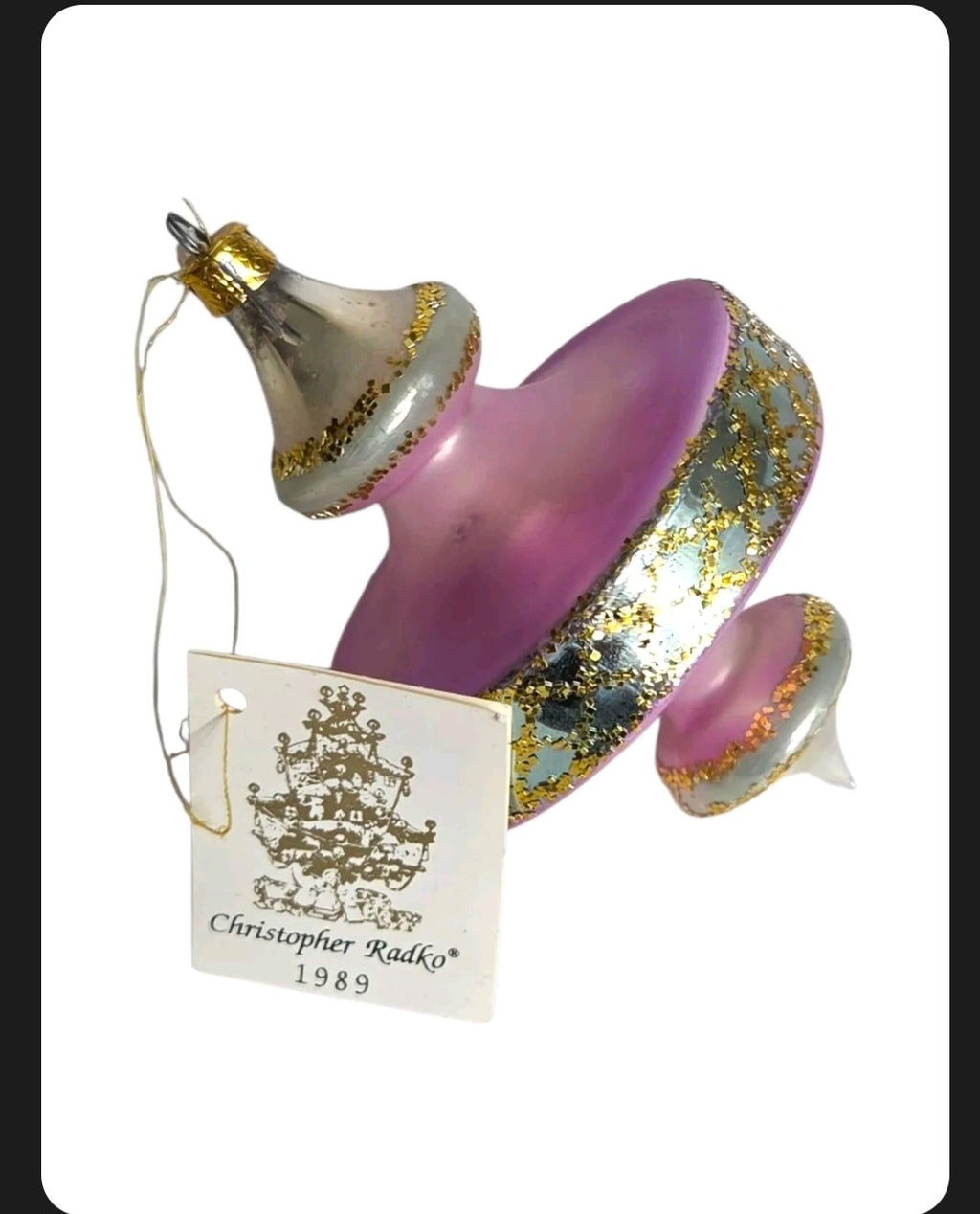 Oddly Darling Vintage 1989 Christopher Radko glass Christmas ornament in pink with gold glitter and silver accents